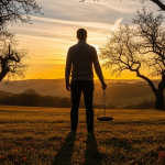 Uomo con una bilancia in equilibrio precario al crepuscolo, simbolo del significato dell'equinozio d'autunno in massoneria