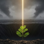 Raggio di luce illumina una pianta che cresce tra le macerie di una città distrutta dalla guerra simbolo di speranza e rinascita dell’umanità